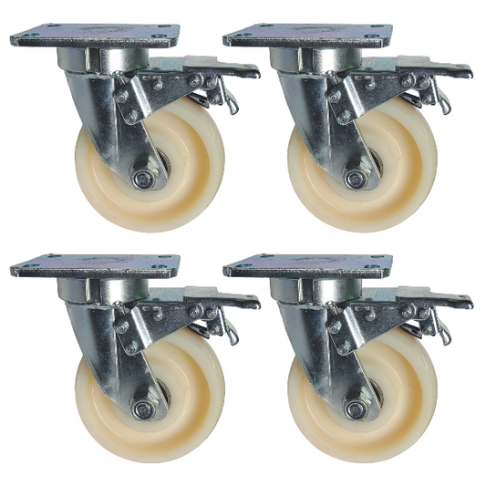 4000kg - Set of 4pcs 150mm (6") Extra Heavy Duty Swivel Brake Castors with Nylon Wheel