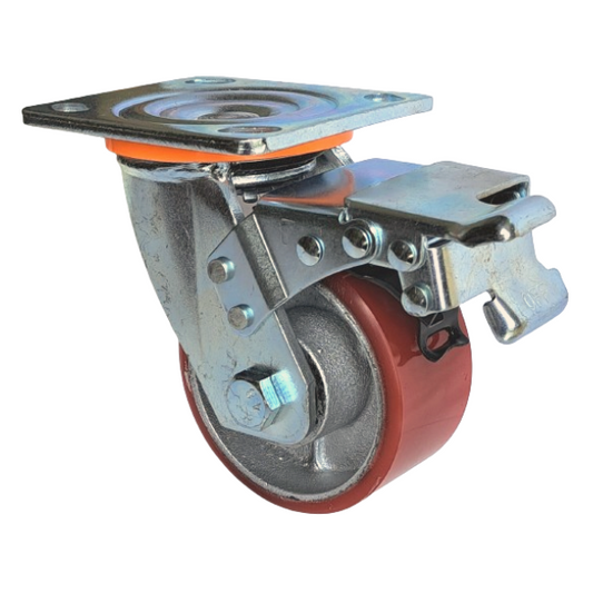 300kg - Urethane/Iron Castor - 4" 100mm - Swivel Plate with Brake