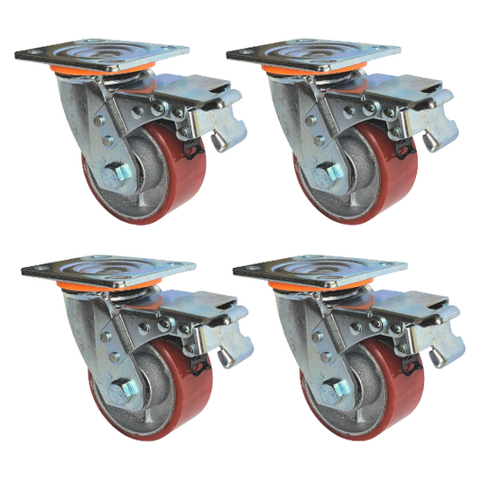 1200kg - Set of 4pcs 100mm (4") Extra Heavy Duty Swivel Braked Castor