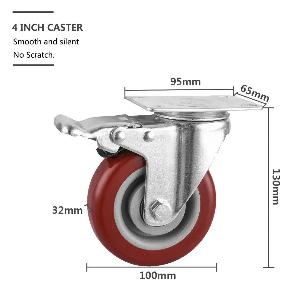 400kg - Set of 4pcs 4" 100mm Swivel Brake Castors