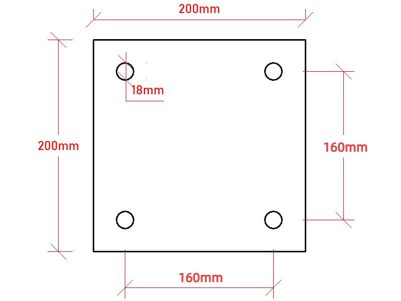 200 x 200 x 12mm Steel Base Plate, 4x Holes