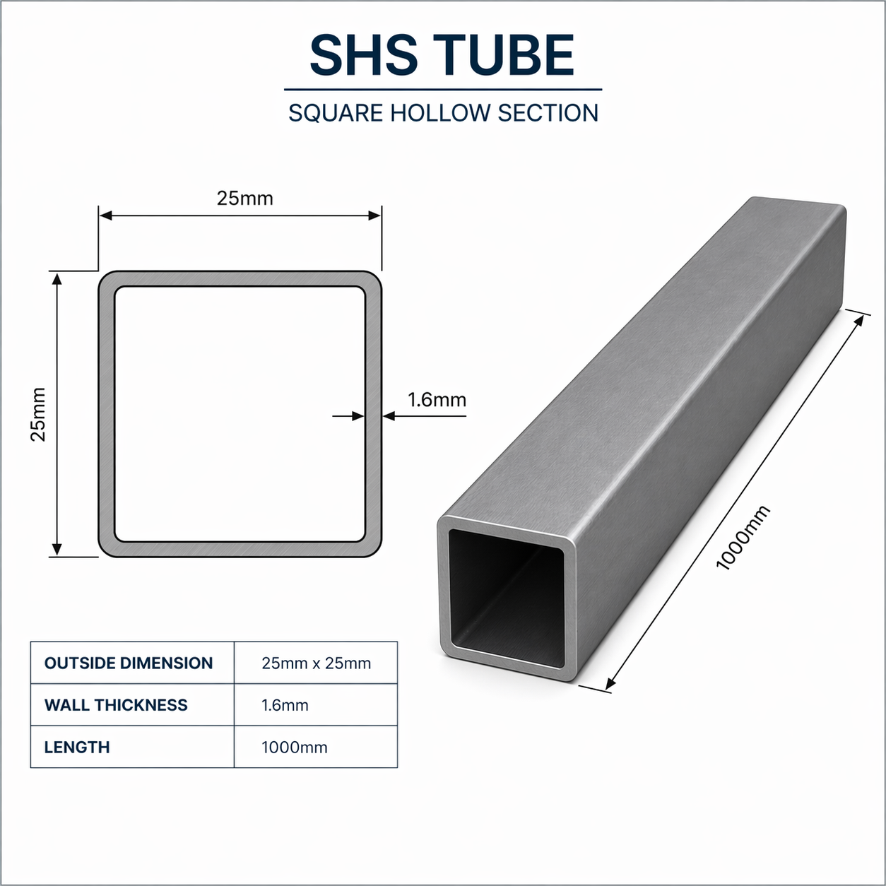 25x25mm SHS Galvanised Steel Tube, 1.6mm Wall – 1m Lengths