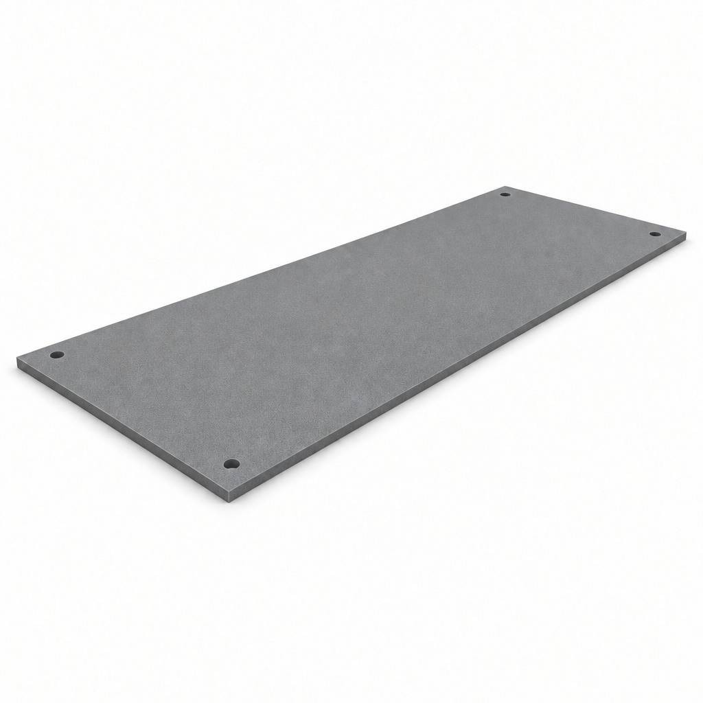 Grey sandy-coated metal plate with a small hole in each corner