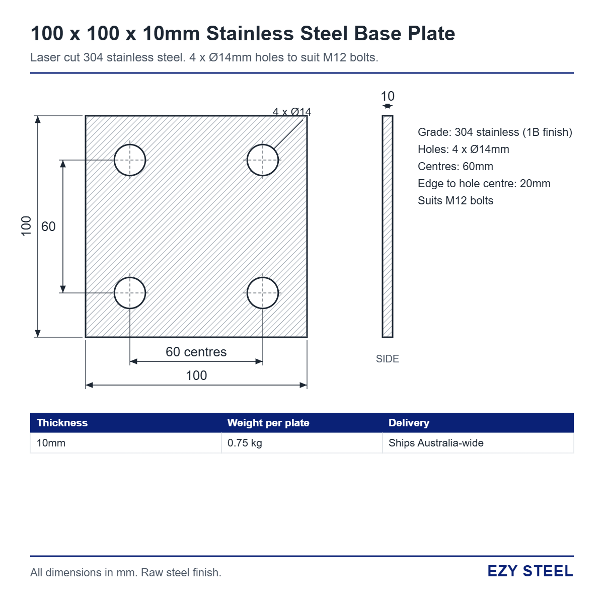 100 x 100 x 10mm stainless base plate drawing, 4 x 14mm holes at 60mm centres
