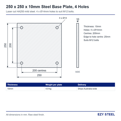 250 x 250 x 10mm base plate drawing, 4 x 14mm holes at 200mm centres