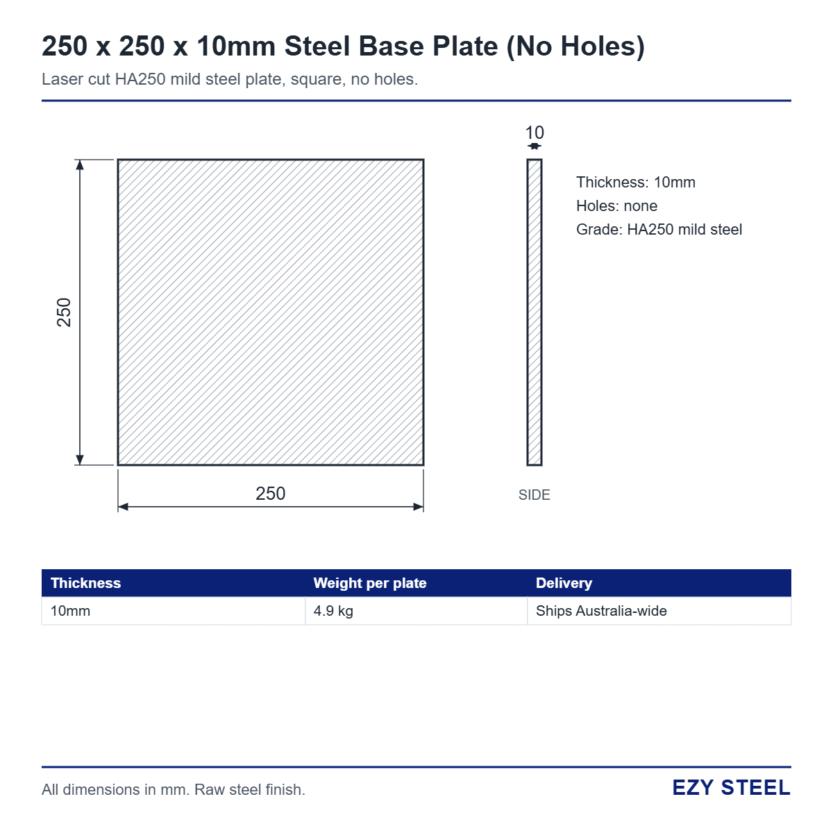 250 x 250 x 10mm base plate drawing, no holes