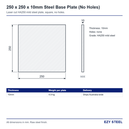 250 x 250 x 10mm base plate drawing, no holes