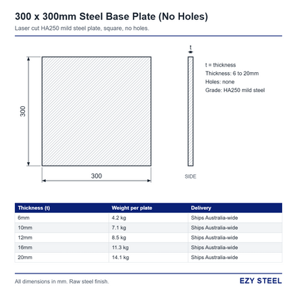 300 x 300mm base plate drawing with thicknesses and weights