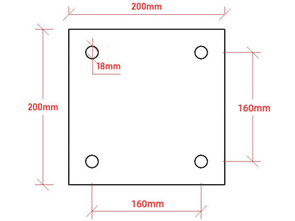 200 x 200 x 12mm Steel Base Plate, 4x Holes